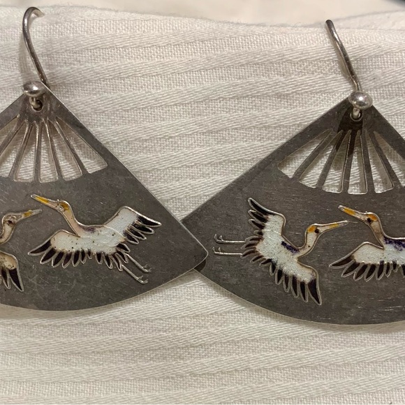 Silver Fan Crane Earrings. Hand Crafted in New Mexico. Artisan Fair - Picture 2 of 3
